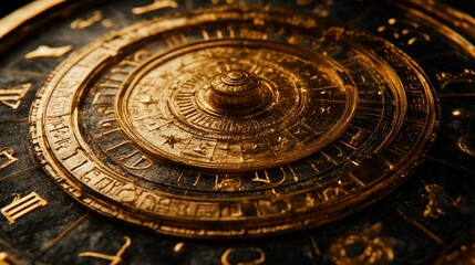 Fototapeta premium Detailed close-up of a golden, ornate, circular dial with intricate markings, potentially a clock or astronomical instrument.