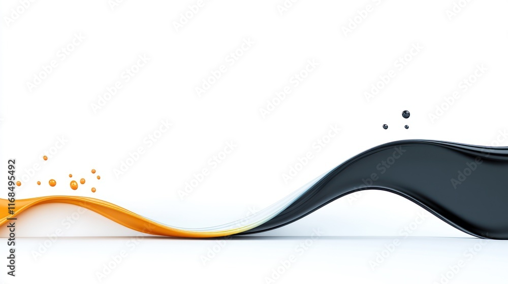 Poster abstract waves in orange and black with floating dots.
