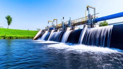 Water flowing over a dam with machinery and a clear blue sky.