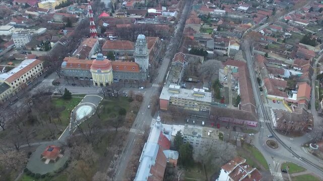 Serbia, Senta. Drone Aerial of City Traffick and Buildings