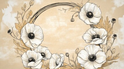 Elegant Poppies Arranged in a Circular Frame on a Textured Background..