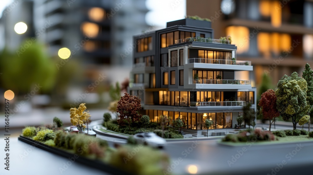 Poster a detailed architectural model of a modern building, showcasing intricate design and illuminated int