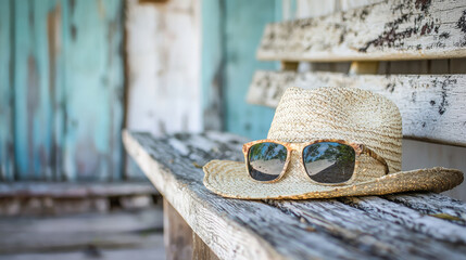Straw hat and sunglasses on rustic bench, perfect for summer vibes