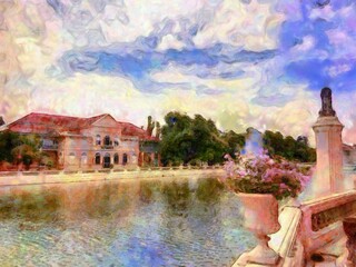 Ancient buildings European architecture Gothic style Chalk paint Illustrations creates art style impressionism of painting.