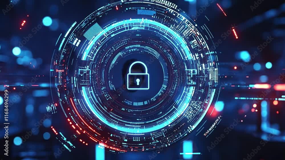 Poster a digital padlock icon on cpu semiconducter computer on mainboard surrounded by holographic symbols 