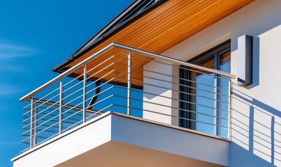 Fototapeta premium Close-up view of stainless steel balcony guardrail on modern apartment exterior