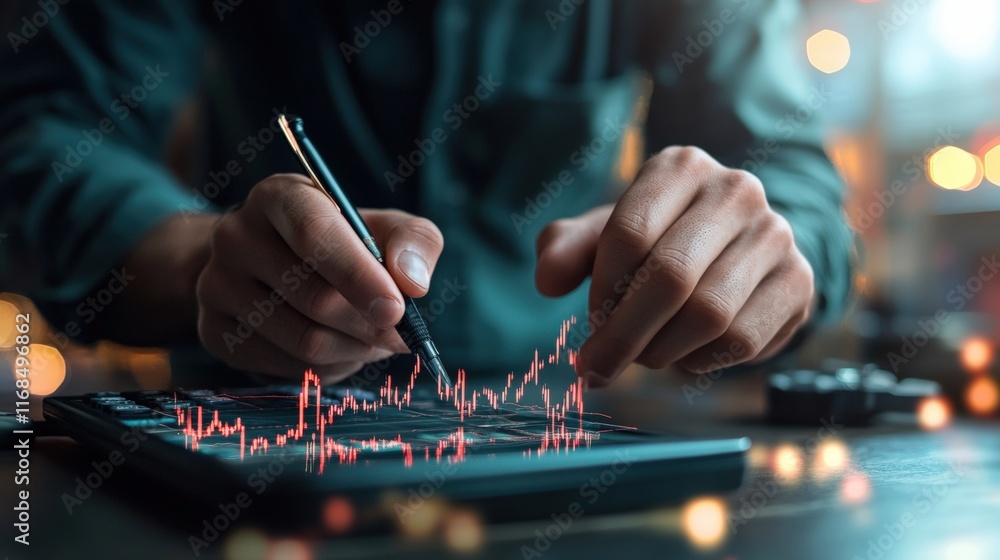 Poster a person analyzing data on a tablet, sketching a financial graph, with a soft background glow sugges