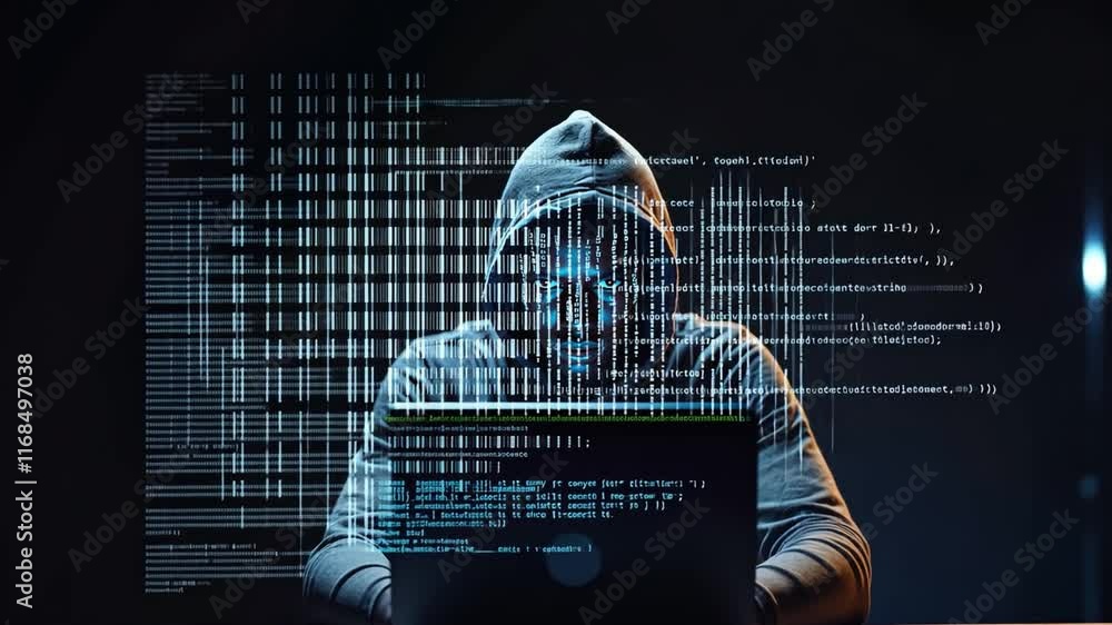 Poster hacker wearing a dark blue hoodie and black face typing in front of laptop with digital code lines o