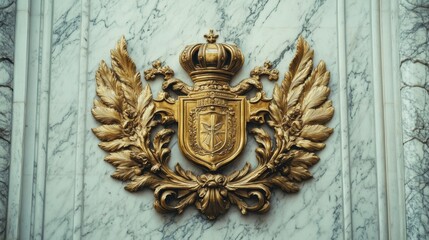 A governmental crest embossed on a marble wall with intricate gold detailing