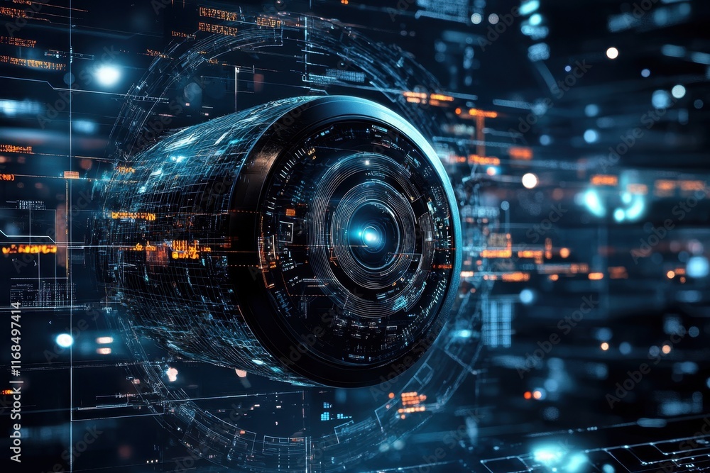 Poster futuristic digital interface showcasing advanced technology in a virtual environment