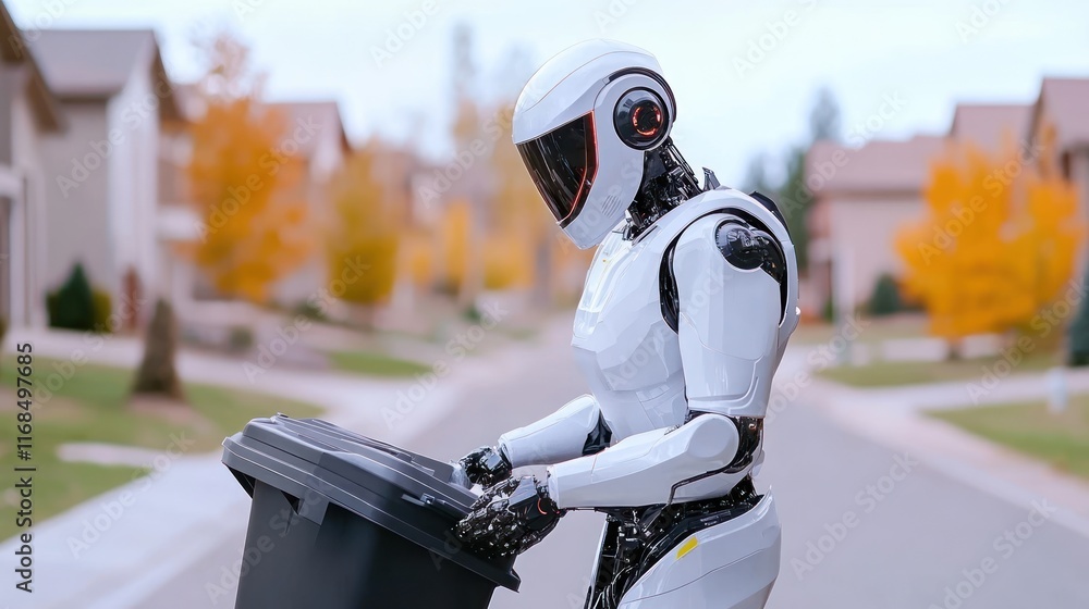 Poster a humanoid robot interacting with a garbage bin on a suburban street.