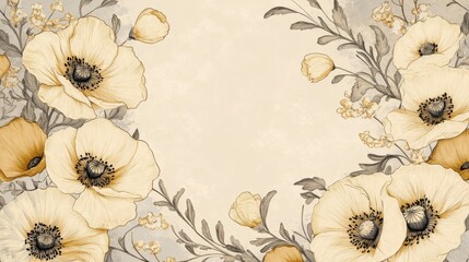 Elegant Poppies Blooming in a Soft Beige Floral Frame..