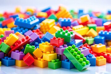 Naklejka premium Colorful Plastic Building Blocks Toy on White Background - Tilt-Shift Miniature Photography