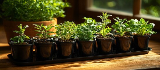 Various herbs growing in small pots on a wooden surface, near a window.