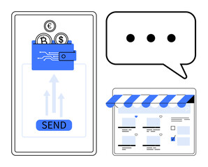 Mobile screen displays digital wallet with currency symbols and SEND button, message bubble with three dots, online store interface with item listings. Ideal for fintech, e-commerce, digital