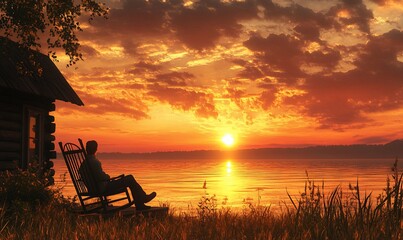 Fototapeta premium Silhouette of person in rocking chair at sunset by lake, wooden cabin in background.