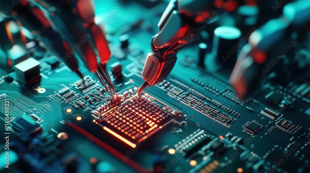 Poster a close-up view of robotic hands working on a circuit board, showcasing intricate technology and vib