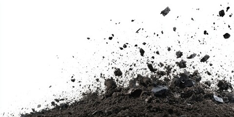 Dark soil and rocks explosion isolated on white background.
