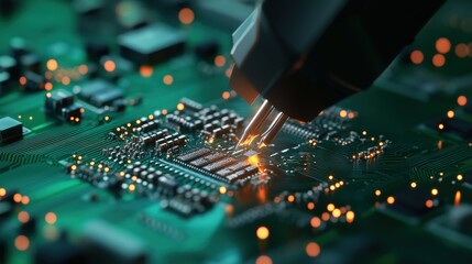 Obraz premium A close-up of a technician soldering components on a circuit board, showcasing intricate details and glowing lights.