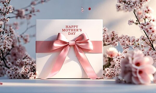 A white box with a pink ribbon and the words Happy Mother's Day written on it. The box is surrounded by pink flowers, giving it a festive and celebratory feel