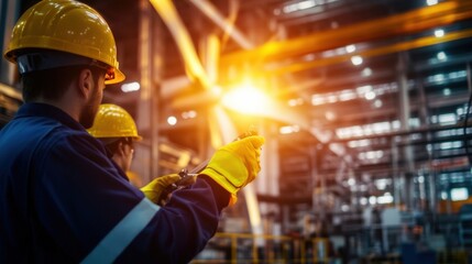 Two workers in safety gear operate equipment in a bright industrial setting, focusing on safety and precision in their tasks.