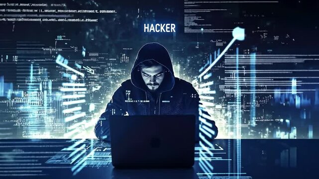 A hacker wearing a black hoodie ,he type on laptop computer with green code lines all around them in the background. The words "HACKER" appear above them , generative ai