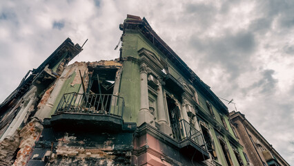 destroyed and burned houses in the city in Ukraine