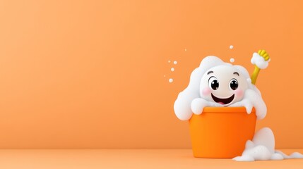 A cheerful character with bubbles in an orange bucket against a backdrop.