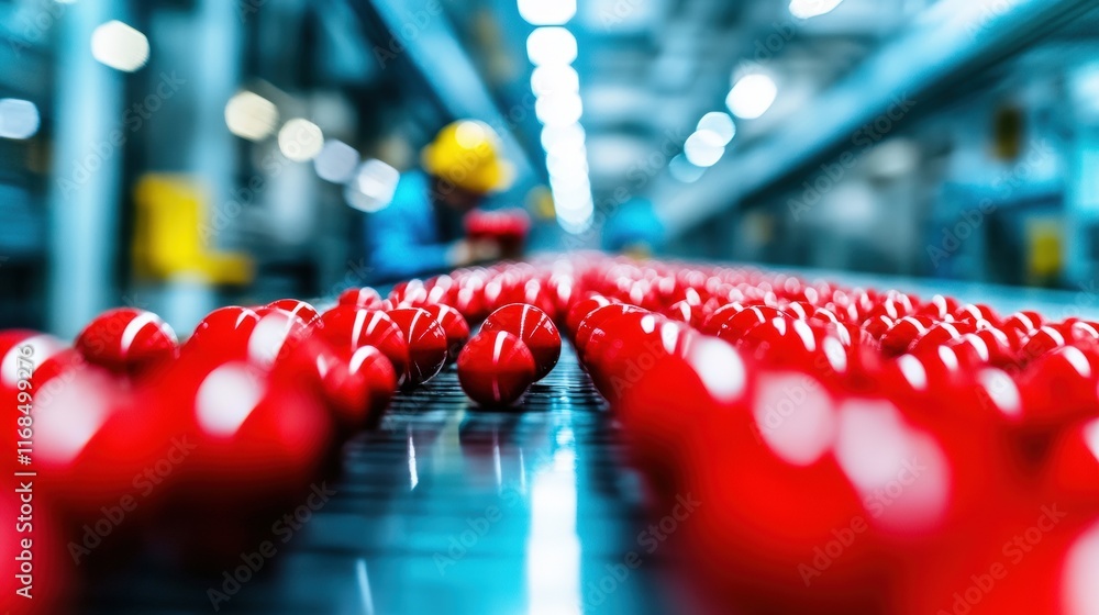 Aufkleber a close-up view of red objects on a conveyor belt in a factory setting, showcasing industrial proces