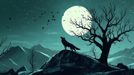 Fototapeta premium Wolf howling at the moon on a rocky hilltop.