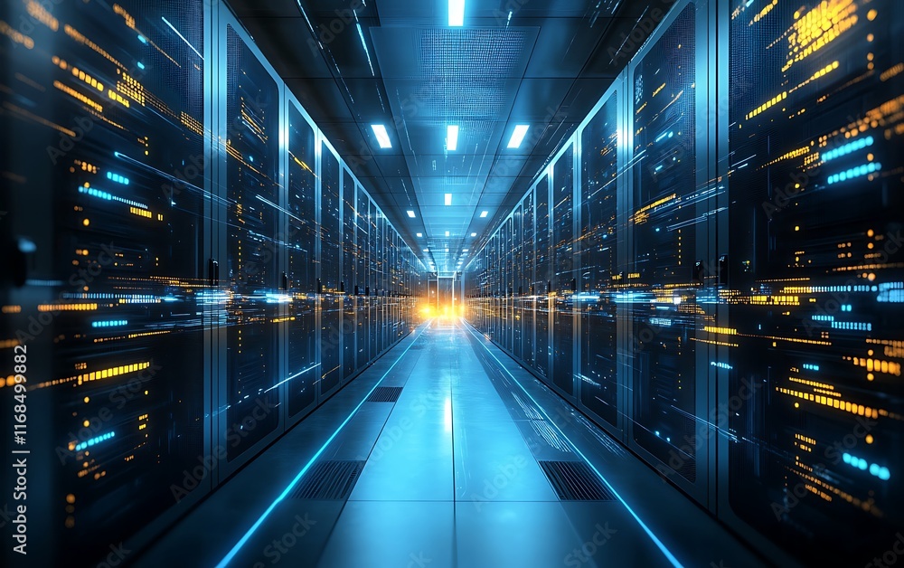 Poster Server room hallway with glowing servers and data flow.