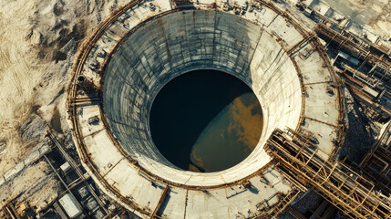 Obraz premium Bird's eye view of a modern industrial thickener with a large circular tank and surrounding structures in a rustic setting