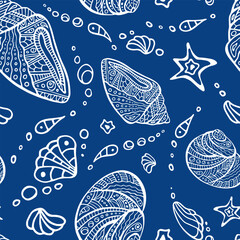 Polynesian shell irregular navy blue seamless pattern. Trendy zenart conch endless texture. Maori sea random repeat boundless background. Tribal ocean surface design. Chaotic detailed marine ornament.