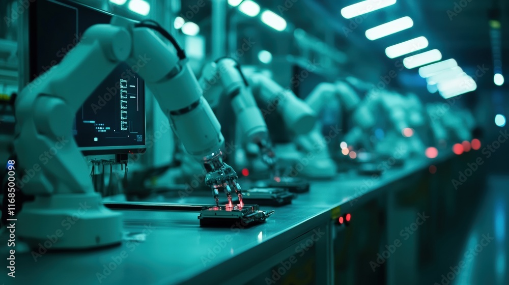 Poster a futuristic production line featuring robotic arms engaged in automated tasks, illuminated by blue 