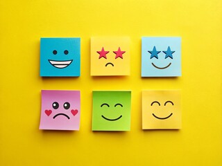 Colorful Sticky Notes with Emojis & Ratings: Happy Customer Feedback Background