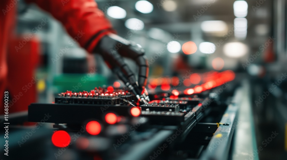 Poster a close-up of a hand operating machinery on a production line, surrounded by glowing red lights, emp