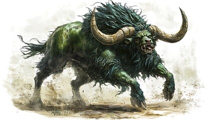 Charging green beast with large horns and mane.