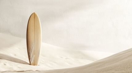 Surfboard standing upright in sand, evoking summer vibes and relaxation