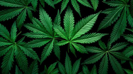 Lush green cannabis leaves on black background.