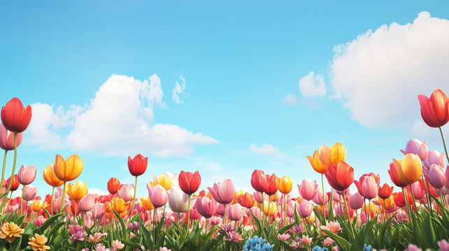 Vibrant tulip field with colorful flowers under bright blue sky
