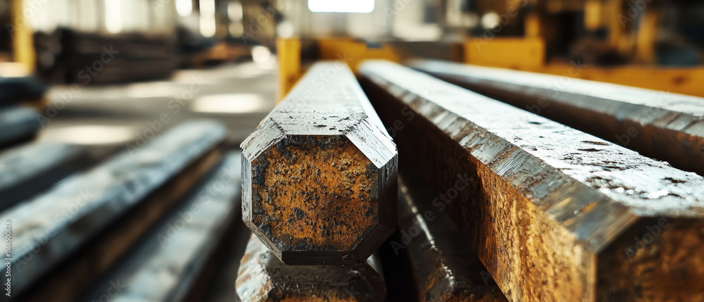 Poster hexagonal steel rods clustered in a factory setting with sharp details and rustic charm in natural l