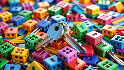 Obraz premium Colorful Toy House Keys on White Background - Playful Child's Keys Stock Photo