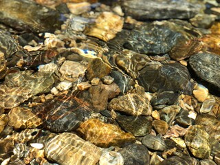 Tranquil nature scene with a sparkling river flowing through a lush forest, mountains in the background, and the sun casting golden light on the sandy beach, blending the beauty of earth, water, sun
