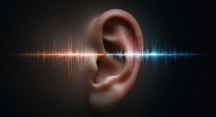 Close-Up of Human Ear with Superimposed Sound Waves. Ideal for Hearing and Audiology Themes.
