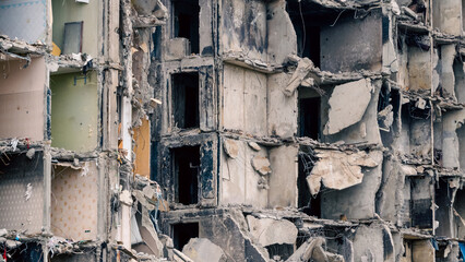 destroyed and burned houses in the city in Ukraine