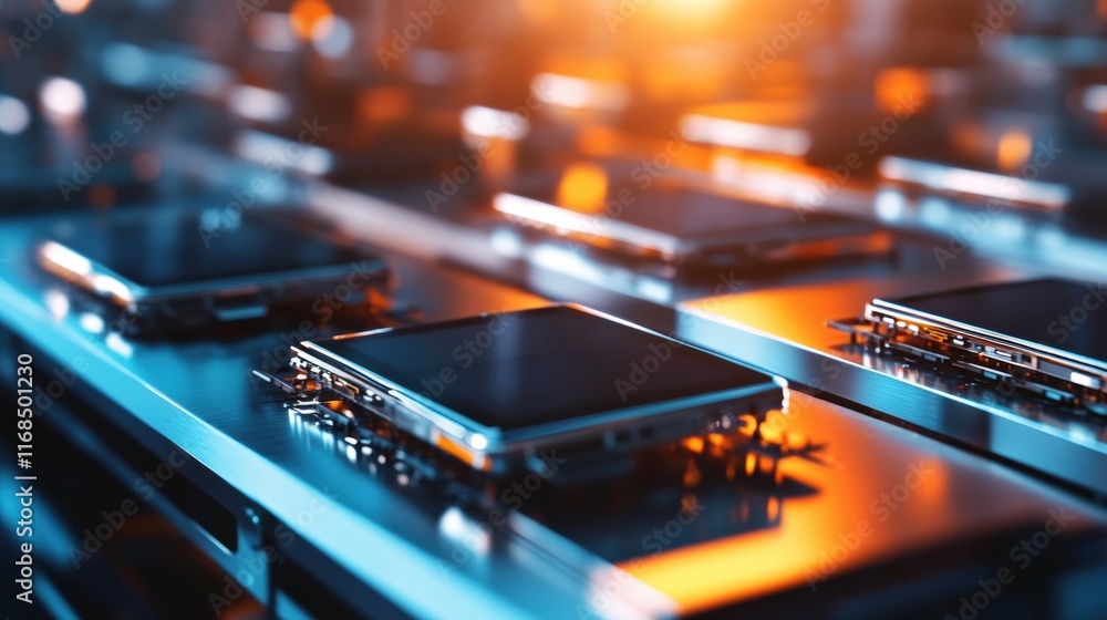 Poster a close-up view of multiple smartphones arranged in a row, highlighting their sleek designs and intr