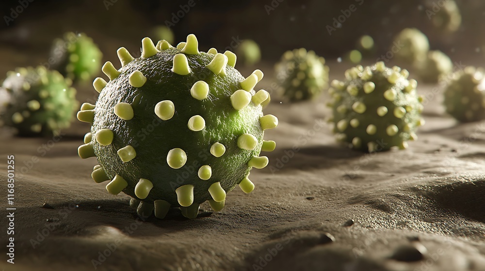 Poster microscopic view of green virus cells on a surface.