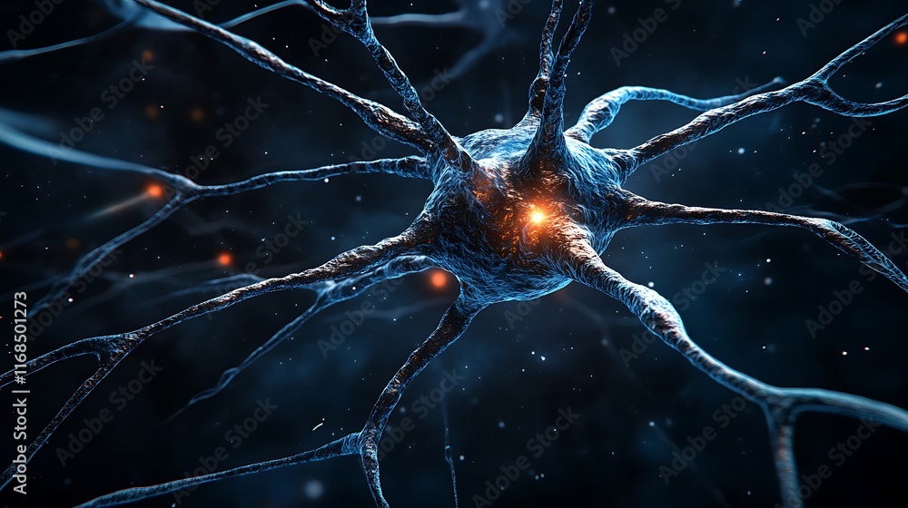 Poster Close-up of a glowing neuron with dendrites.