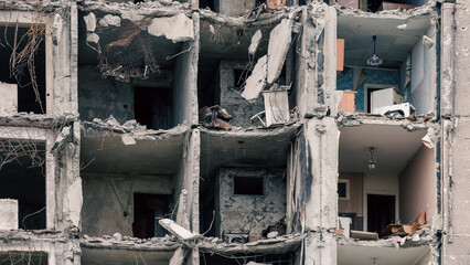 destroyed and burned houses in the city in Ukraine