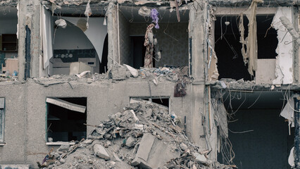 destroyed and burned houses in the city in Ukraine